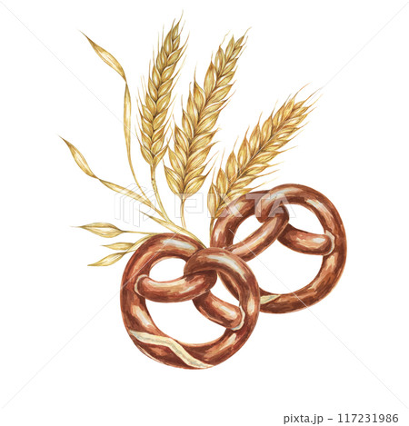 Pretzels with backdrop of golden wheat ears. Watercolor illustration for culinary, bakery, Oktoberfest designs in realistic style. Cereal grain and backed snack clipart for flyers, posters, brewery 117231986