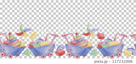Toys seamless border, rings pyramid with pinwheel, wheelbarrow cart ribbon clipart. Watercolor play objects wallpaper for nursery decor, fabric, baby shower, girl toddler room, cards 117232006