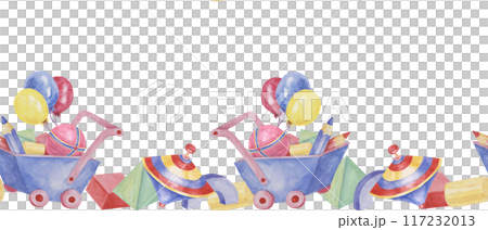 Toys seamless border, blocks, humming top, balloons, blue cart and pencils ribbon clipart. Watercolor play objects wallpaper for nursery decor, fabric, baby shower, girl toddler room, cards Toys seamless border, blocks, humming top, balloons, blue cart and pencils ribbon clipart. Watercolor play objects wallpaper for nursery decor, fabric, baby shower, girl toddler room, cards 117232013