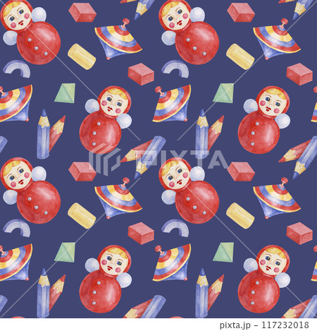 Baby seamless pattern with roly-poly doll, pencils, humming top in watercolor. Retro nursery toy ornament Hand drawn textile print for kids room, children's wallpaper, wrapping, present, scrapbooking Baby seamless pattern with roly-poly doll, pencils, humming top in watercolor. Retro nursery toy ornament Hand drawn textile print for kids room, children's wallpaper, wrapping, present, scrapbooking 117232018