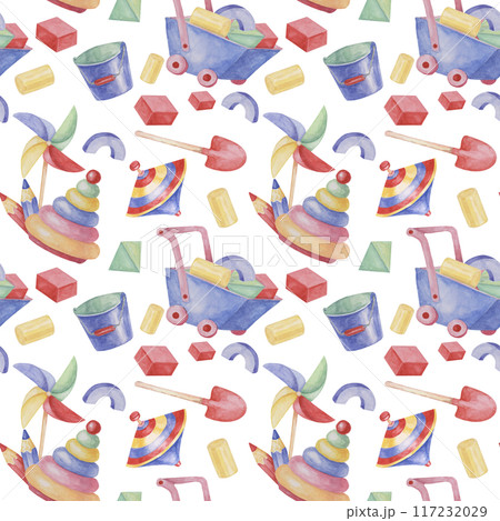 Baby seamless pattern with wheelbarrow, bucket, shovel, stack rings, pinwheel in watercolor. Retro toy ornament Hand drawn textile print for kids, children's wallpaper, wrapping, present, scrapbooking 117232029