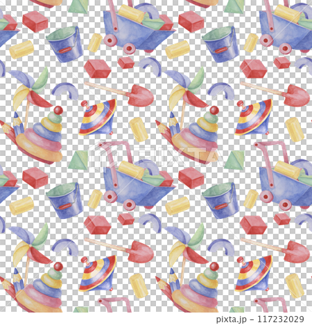 Baby seamless pattern with wheelbarrow, bucket, shovel, stack rings, pinwheel in watercolor. Retro toy ornament Hand drawn textile print for kids, children's wallpaper, wrapping, present, scrapbooking 117232029