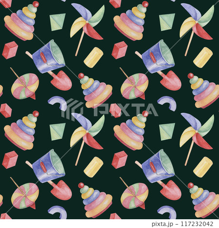 Seamless pattern with ring tower, toys, pencils, pinwheel in watercolor. Retro baby nursery toys ornament Hand drawn textile print for kids, children's wallpaper, wrapping, packaging, scrapbooking 117232042
