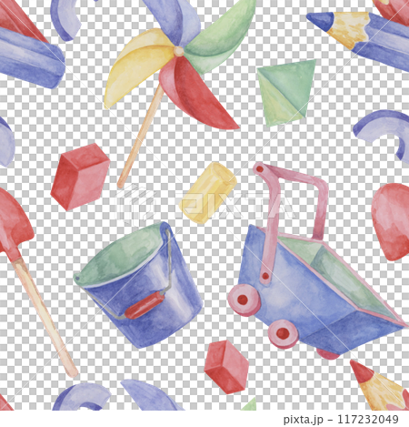 Baby seamless pattern with wheelbarrows, toys, pencils, bucket and shovel in watercolor. Retro toys ornament Hand drawn textile print for kids, children's wallpaper, wrapping, packaging, scrapbooking Baby seamless pattern with wheelbarrows, toys, pencils, bucket and shovel in watercolor. Retro toys ornament Hand drawn textile print for kids, children's wallpaper, wrapping, packaging, scrapbooking 117232049
