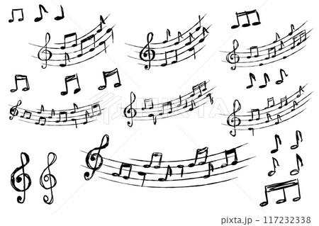 Music note. Simple sound sheet drawing. Black and white doodle melody tone and music key set. Musical sketch design collection. Creative retro musical song 117232338