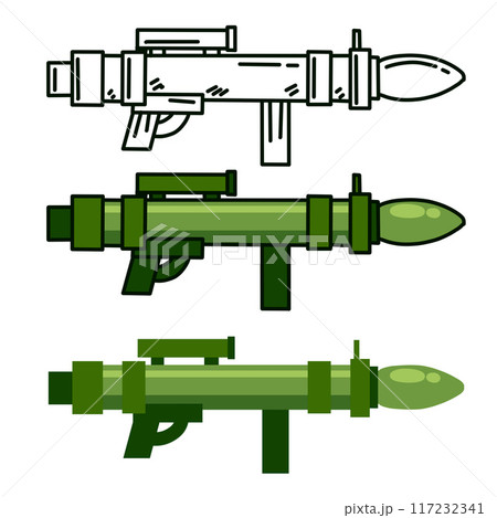 Bazooka gun. Rocket rpg launcher. War and battle element. Explosive missile handgun. Flat grenade military firearm. Cannon or rifle weapon. Army anti tank bazooka equipment 117232341