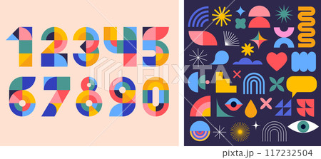 Anniversary concept design. Modern geometric style. Fireworks and celebration colorful background 117232504