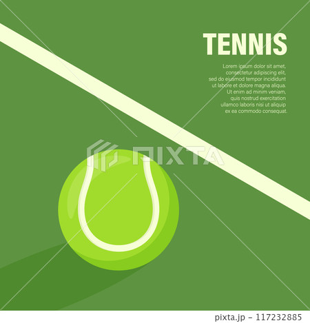 Flat Vector Tennis Ball Icon is on the Green Tennis Court. Tennis Ball Design Template, Sports Concepts, Competition Promotions, Advertisements, Graphics for a Tennis Event. Sports Background 117232885