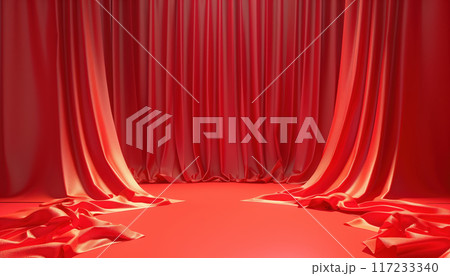 3d Rendering Design Of Cosmetics Stand Against Red Backdrop Background. Visually Stunning Display For Makeup Products. Graphic Illustration Rendered In 3d. 117233340