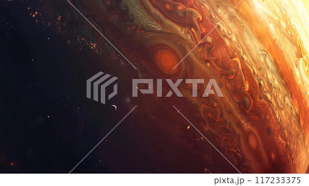 Jupiter in outer space closeup, texture of gas clouds with atmospheric turbulence, planet surface background. Concept of Solar System, cosmos, pattern, science Jupiter in outer space closeup, texture of gas clouds with atmospheric turbulence, planet surface background. Concept of Solar System, cosmos, pattern, science 117233375