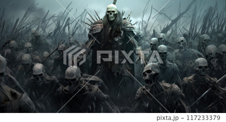 Creepy undead walking in mist, scary skeletons in mystic woods, army of spooky living dead like in horror movie. Concept of zombie apocalypse, halloween, fantasy, background 117233379