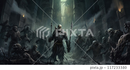 Scary undead in fantasy castle, creepy skeletons in mystic world, army of spooky living dead like in horror movie. Concept of warrior, halloween, war, death, 117233380