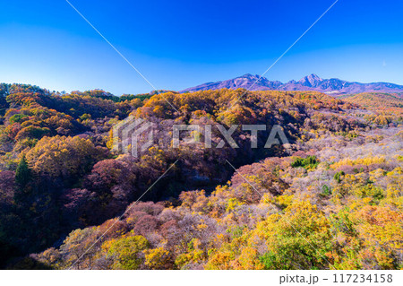 【秋素材】八ヶ岳大橋から見る紅葉時期の八ヶ岳と青空【山梨県】 117234158