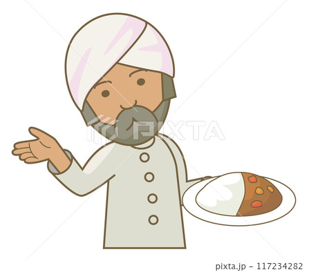 カレーライス片手に解説しているインド人男性 117234282