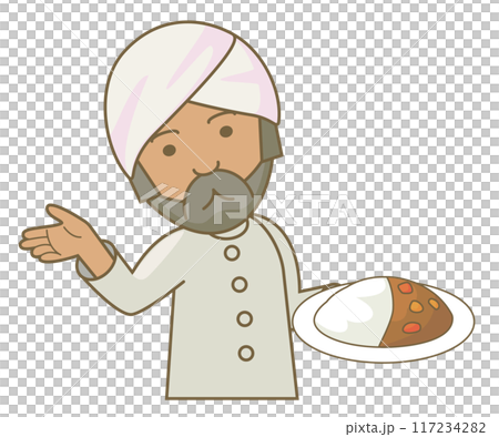 カレーライス片手に解説しているインド人男性 117234282