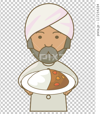 一名頭戴頭巾、留著黑鬍子的印度男子供應咖哩的插圖 117234284