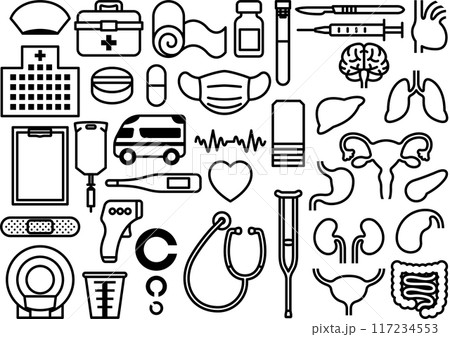 医療に関するアイテムのシンプルなアイコン集　モノクロ 117234553