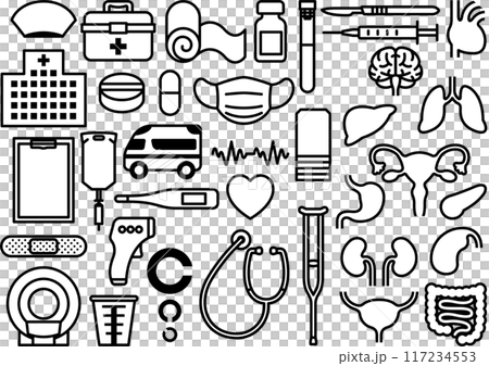 医療に関するアイテムのシンプルなアイコン集　モノクロ 117234553
