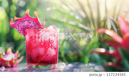 A tropical dragon fruit drink with a dragon fruit garnish, set against a lush green background 117234565