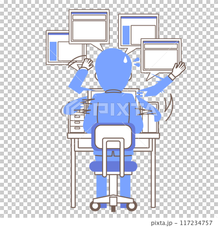 Back view of a male employee busy with clerical work on a computer, computer screen included 117234757