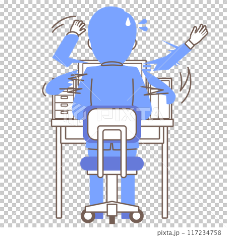 Rear view of a male employee busy with clerical work on a computer 117234758