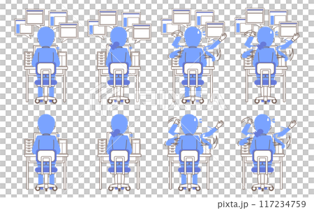 Illustration set of an office worker busy working in front of a computer Illustration set of an office worker busy working in front of a computer 117234759