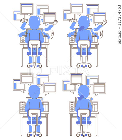 パソコンの前に座る激務の社員の後ろ姿 イラストセット パソコン画面あり パソコンの前に座る激務の社員の後ろ姿 イラストセット パソコン画面あり 117234763