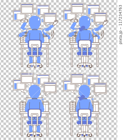 パソコンの前に座る激務の社員の後ろ姿 イラストセット パソコン画面あり パソコンの前に座る激務の社員の後ろ姿 イラストセット パソコン画面あり 117234763