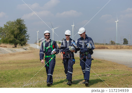 Team engineer wind turbine worker safety uniform 117234939