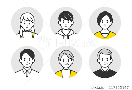 高校生・中年・シニアの顔アイコンセット【人物ベクターイラスト素材】 高校生・中年・シニアの顔アイコンセット【人物ベクターイラスト素材】 117235147