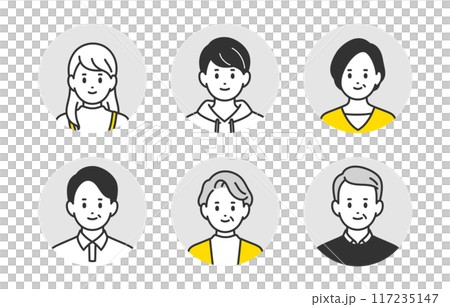 高校生・中年・シニアの顔アイコンセット【人物ベクターイラスト素材】 高校生・中年・シニアの顔アイコンセット【人物ベクターイラスト素材】 117235147