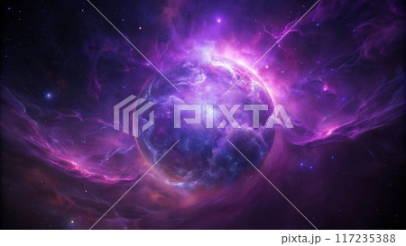 Purple gas nebulae in space and sparkling stars 117235388