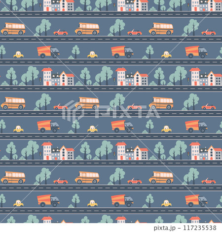 Kids seamless pattern with car, bus and road. Perfect for fabric , digital paper, cards. 117235538