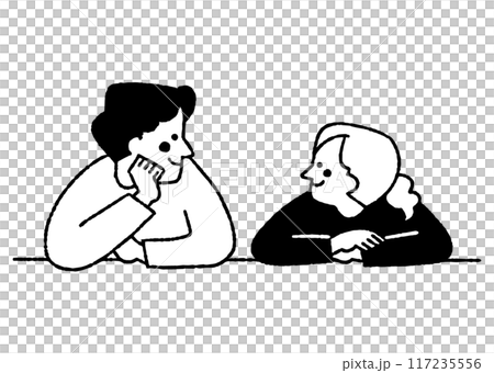Two people looking at each other with their elbows on the table_2 117235556