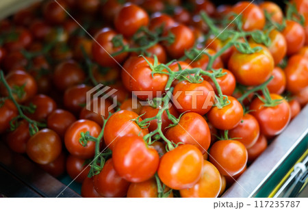 Clusters of ripe tomatoes displayed at vegetable stall Clusters of ripe tomatoes displayed at vegetable stall 117235787