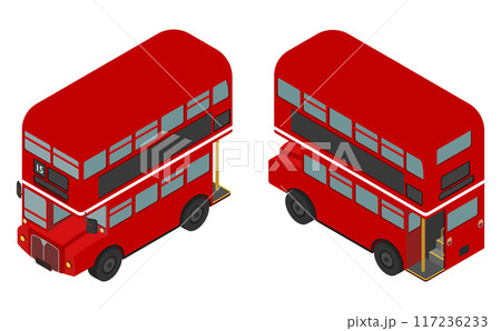 アイソメトリックイラスト：ダブルデッカーバス前後 117236233