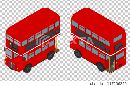 アイソメトリックイラスト：ダブルデッカーバス前後 117236233
