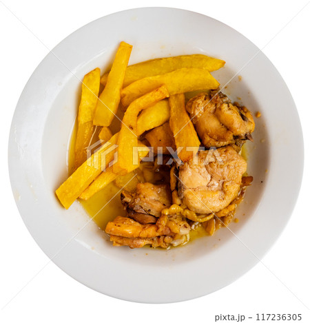 Fried chicken served with potatoes and garlic 117236305