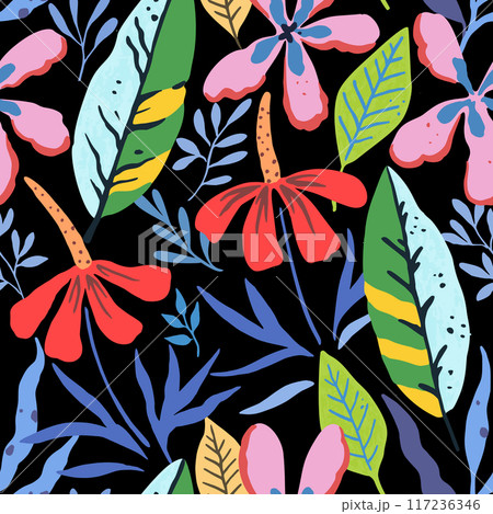 Tropical pattern with doodle floral and fruit elements. Tropical pattern with doodle floral and fruit elements. 117236346
