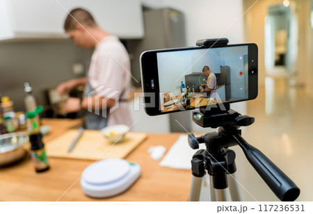 The chef is broadcasting live from workshop how to prepare a vegetarian food The chef is broadcasting live from workshop how to prepare a vegetarian food 117236531