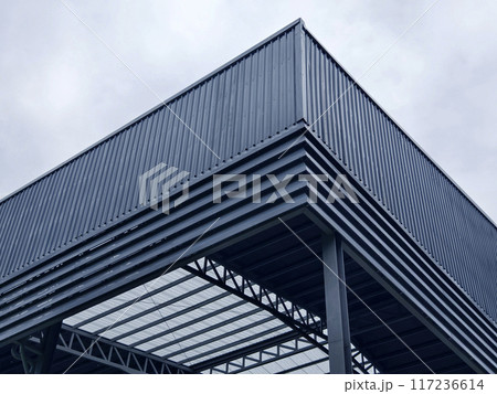 A large building with metal roof against a cloudy sky 117236614
