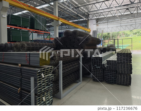 A big warehouse packed with numerous metallic nets and profile 117236676