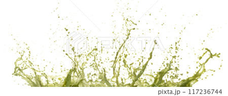 Matcha Green Tea Juice pouring and splash as crown water. Vegetable juice explode bubble splash in mid air. Matcha milk green tea liquid element water. White background isolated photography 117236744