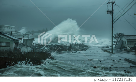 嵐の中の日本の海岸村 嵐の中の日本の海岸村 117237136