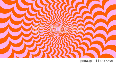 Red and pink abstract wavy lines surface. Optical illusion background. Radial distorted waves poster design. Trippy sunburst illusion wallpaper. Vector spinning hypnotic illustration 117237256