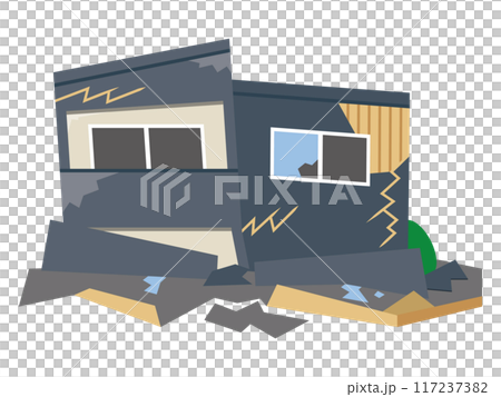 Illustration of a house collapsed by an earthquake Illustration of a house collapsed by an earthquake 117237382