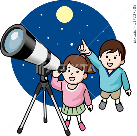 星空観察をする女の子と男の子 117237388