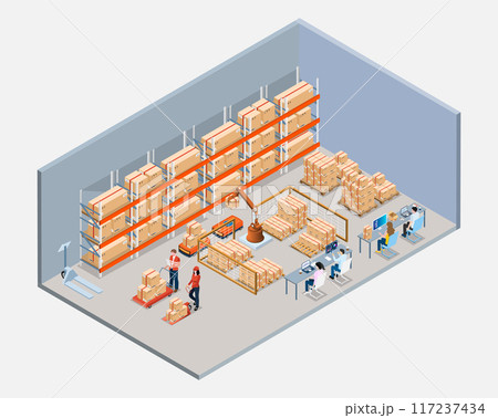 Smart Warehouse management system with Automated Warehouse Robots and Automated Guided Vehicles (AGVs), Autonomous Mobile Robots (AMRs). Isometric Vector illustration EPS 10 Smart Warehouse management system with Automated Warehouse Robots and Automated Guided Vehicles (AGVs), Autonomous Mobile Robots (AMRs). Isometric Vector illustration EPS 10 117237434