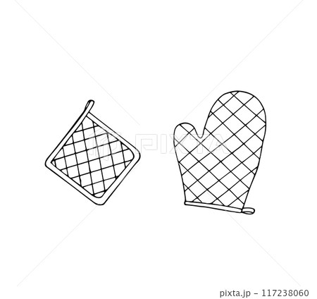 Kitchen oven mitt and pot holder. Heat resistant oven glove. Hand-drawn illustration on white background. Doodle style. Kitchen oven mitt and pot holder. Heat resistant oven glove. Hand-drawn illustration on white background. Doodle style. 117238060