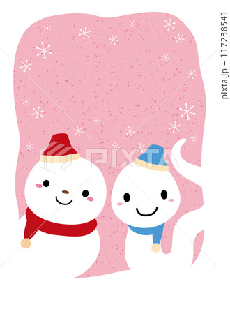 雪だるまと巳キャラクターの2025年年賀状/縦06・ピンク/文字なし 117238541